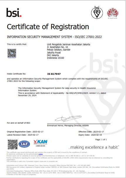 Sertifikat ISO 27001:2022 UP JAMKESJAK