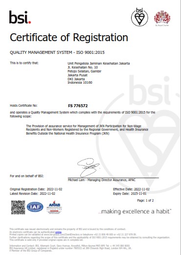 Sertifikat ISO 9001:2015 UP JAMKESJAK